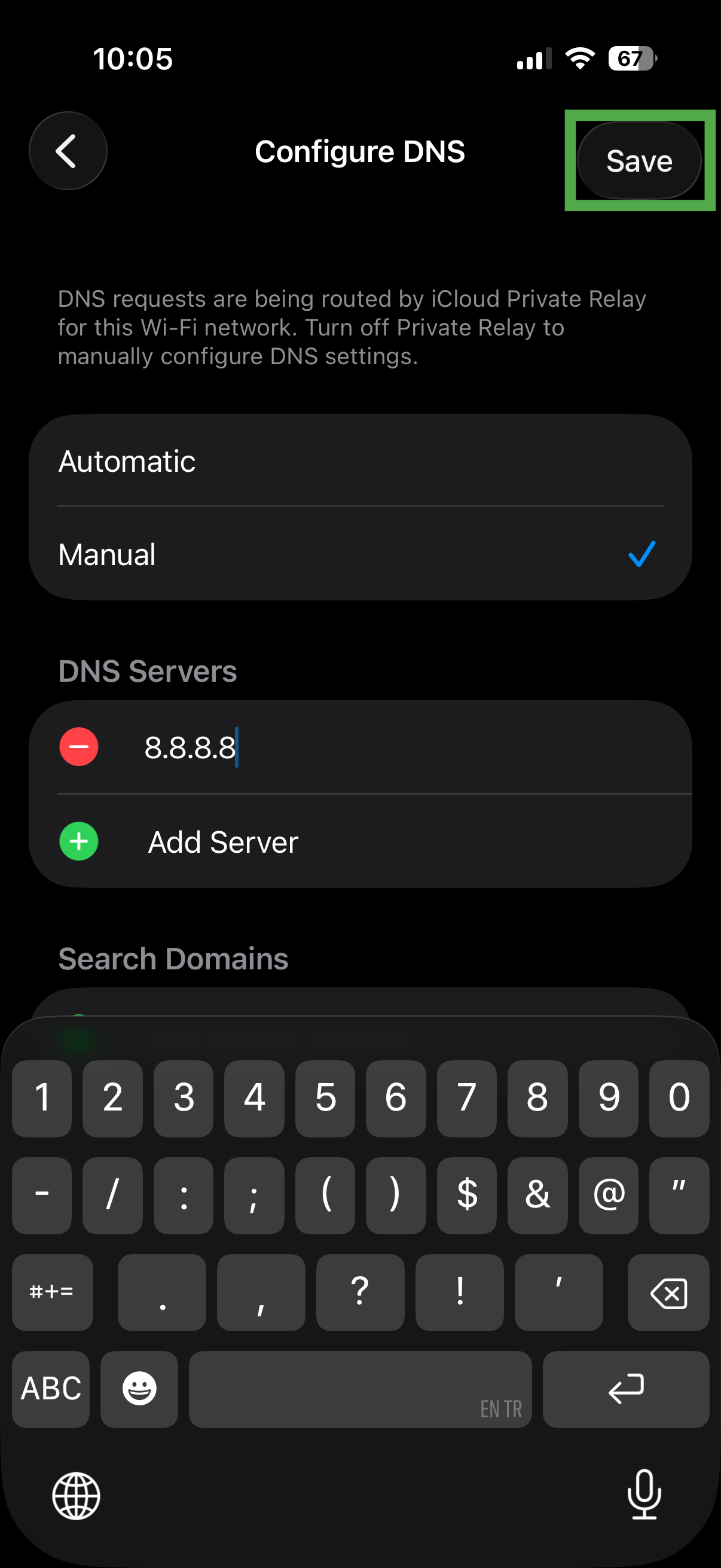 iPhone Configure DNS screen with the Save button highlighted.