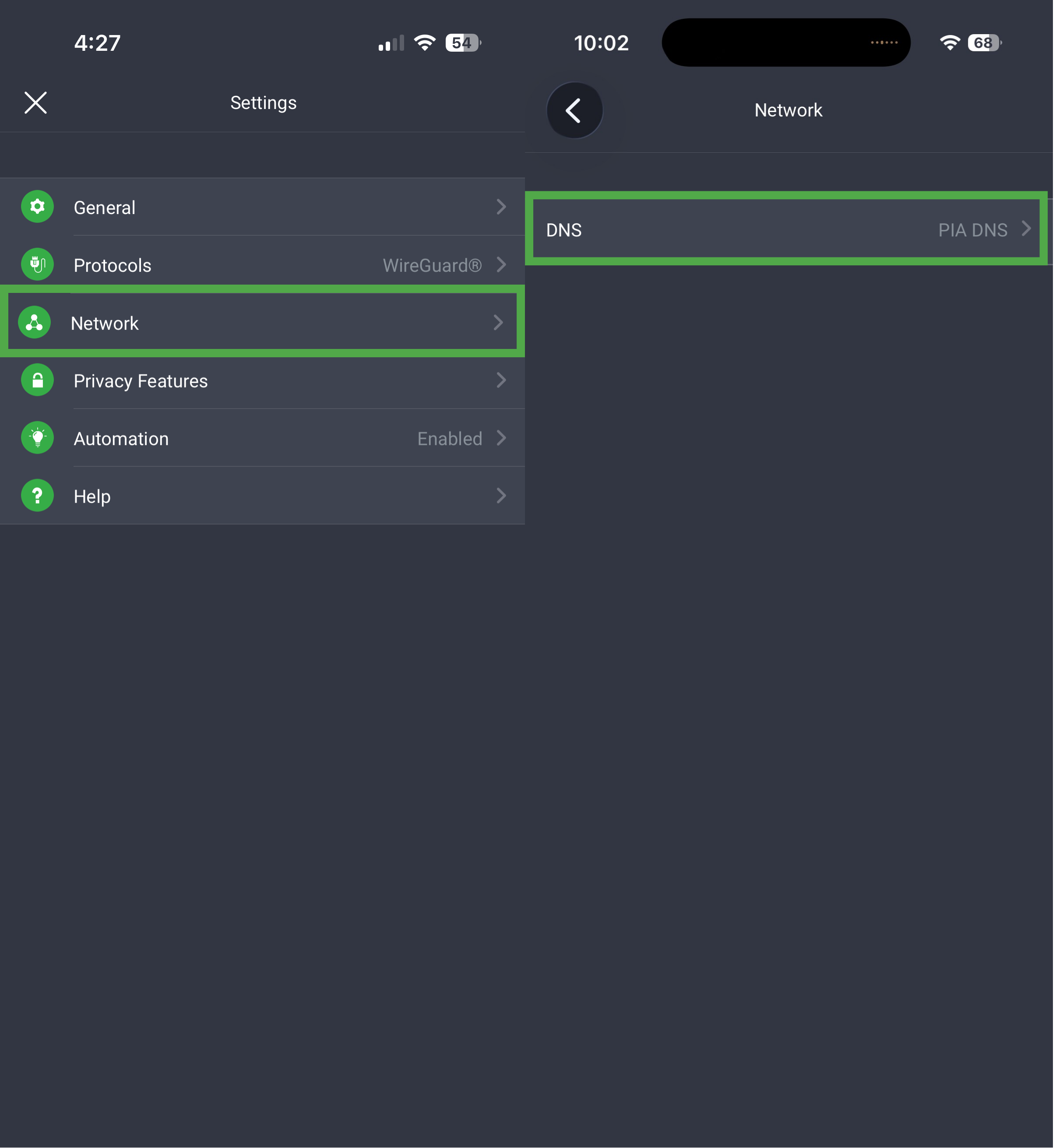 PIA Network settings showing the DNS option.