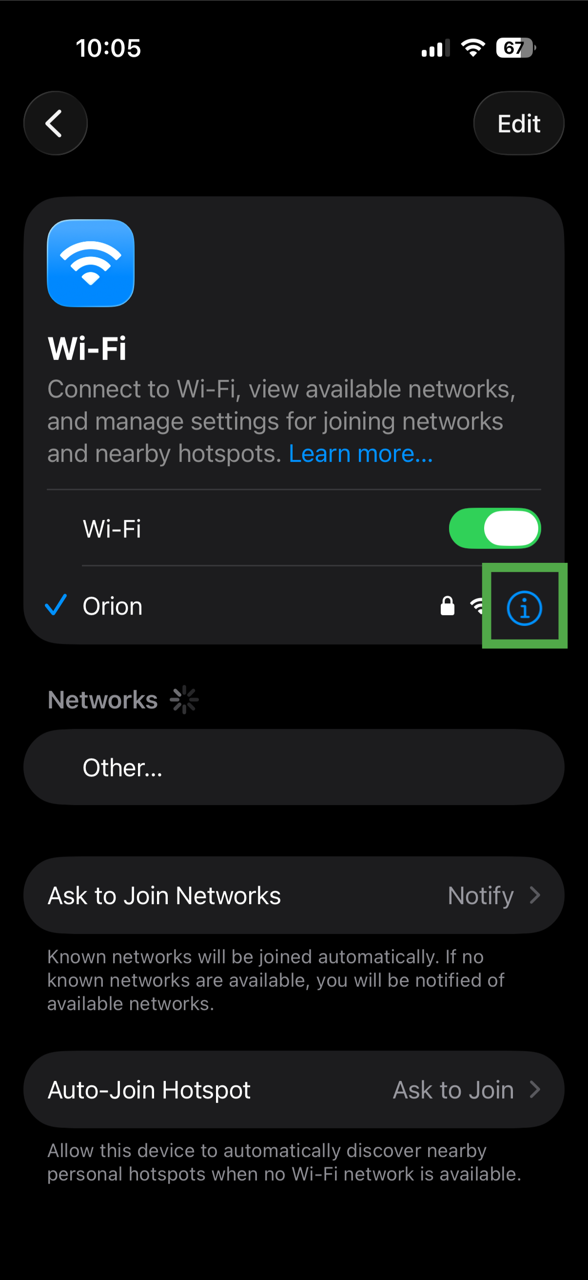 Wi-Fi settings showing the information button for the connected network.