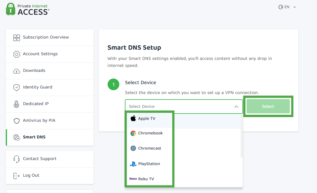 Device selection list and Select button on the Smart DNS Setup page.