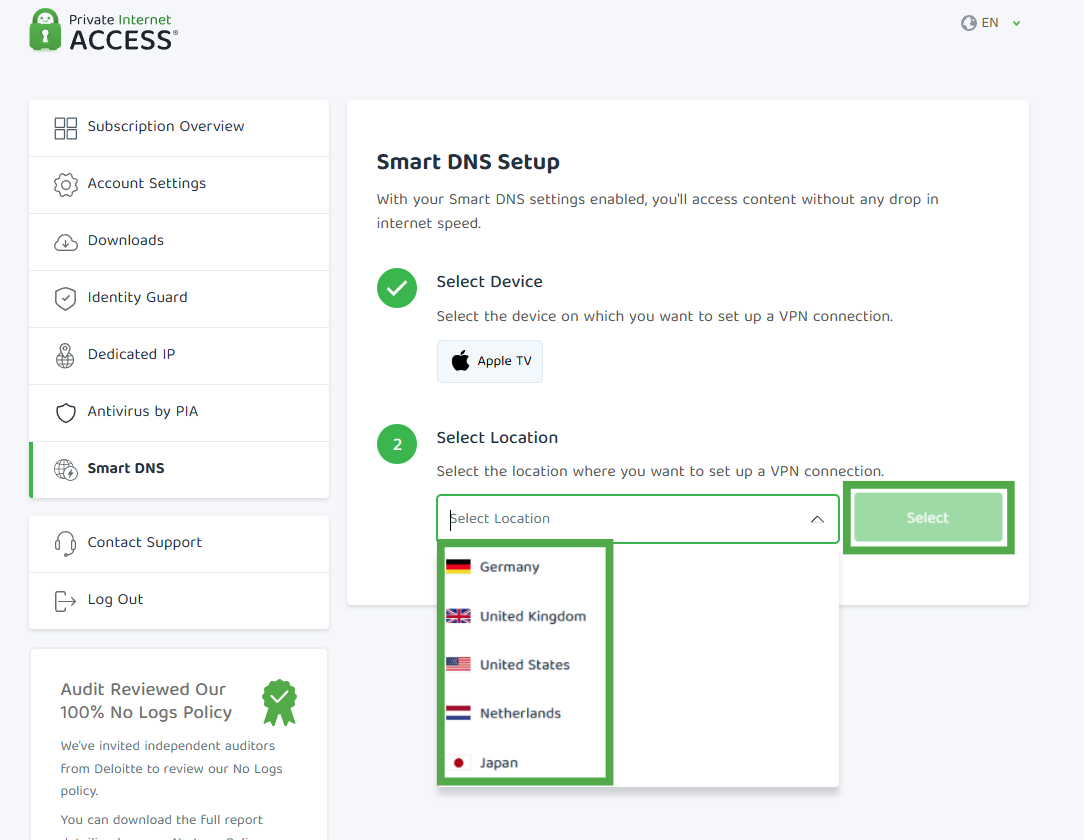 Location selection list and Select button on the Smart DNS Setup page.