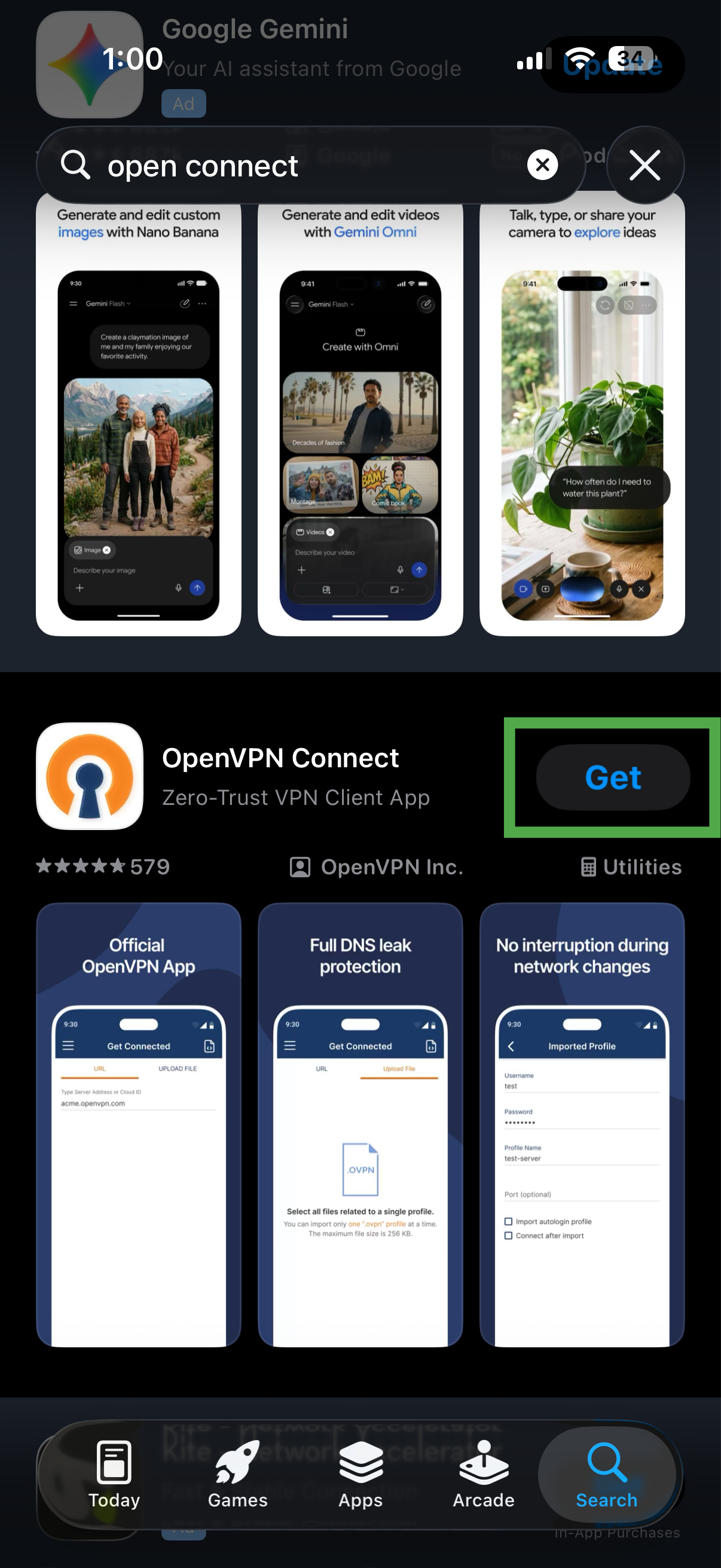 App Store search results showing the OpenVPN Connect app.