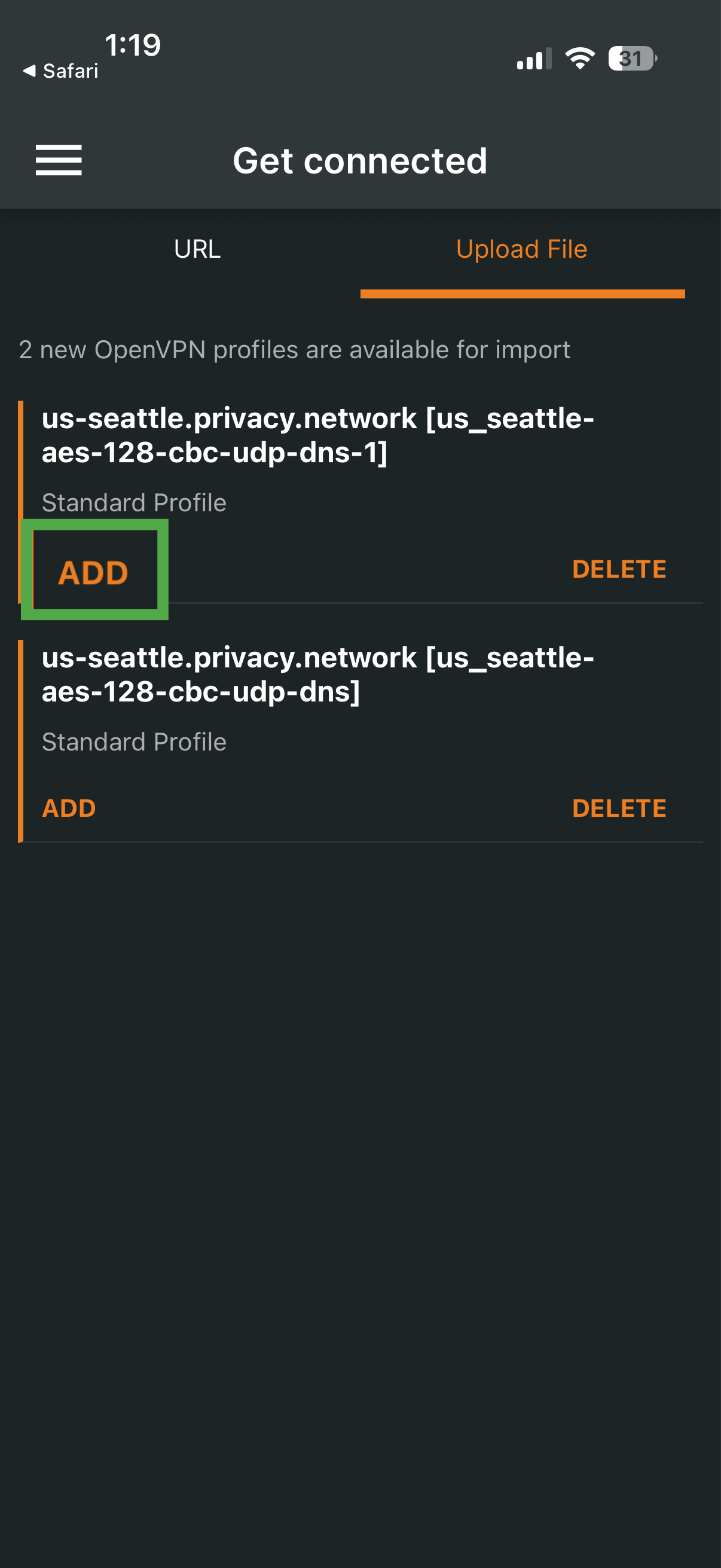 OpenVPN Connect showing available VPN profiles for import.