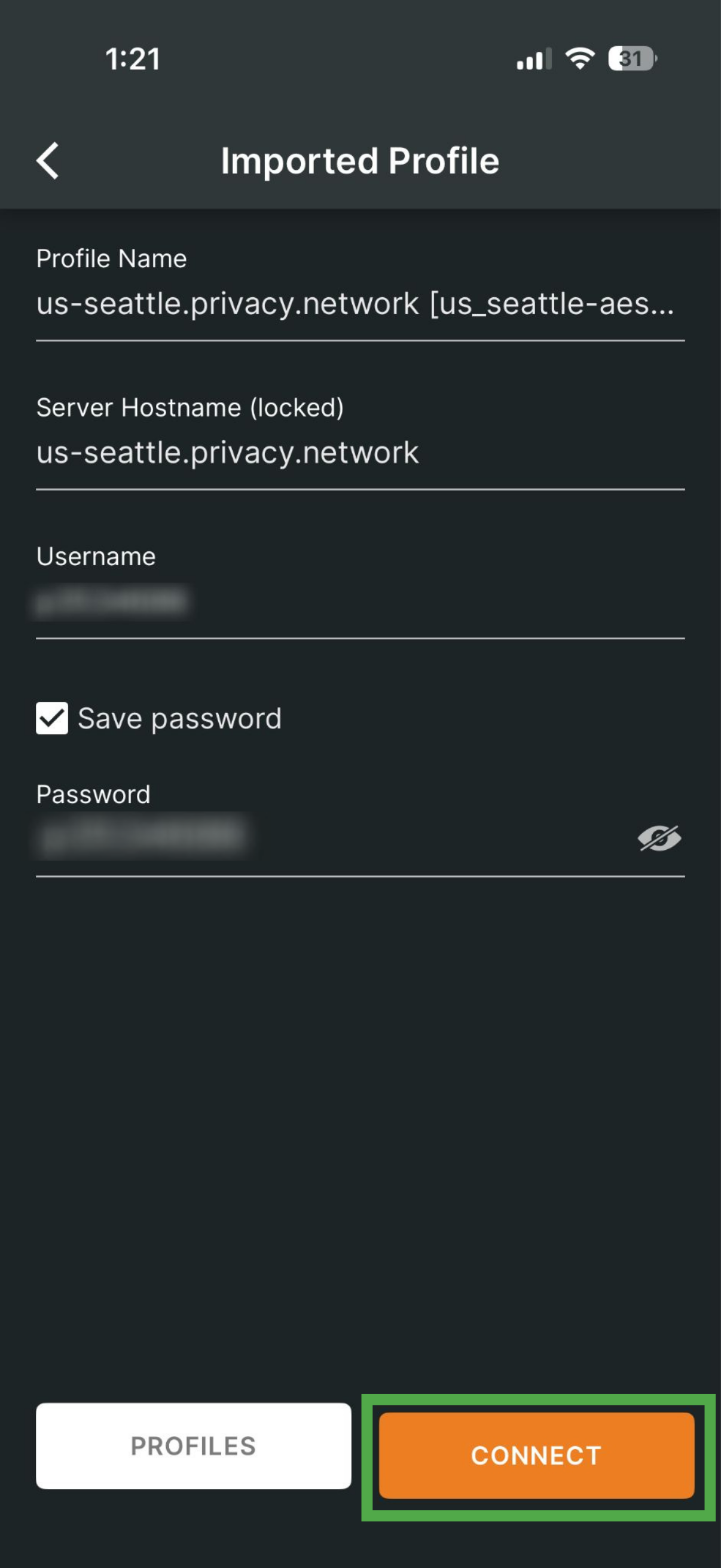 OpenVPN imported profile with Connect button highlighted.