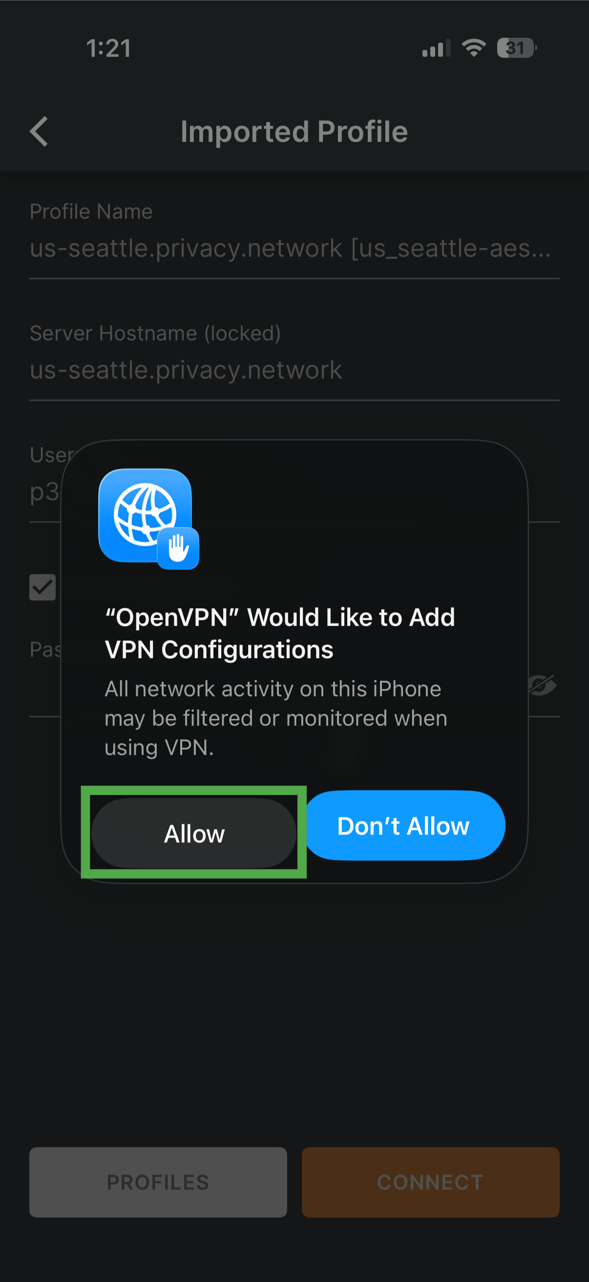 iOS prompt asking to allow OpenVPN VPN configurations.