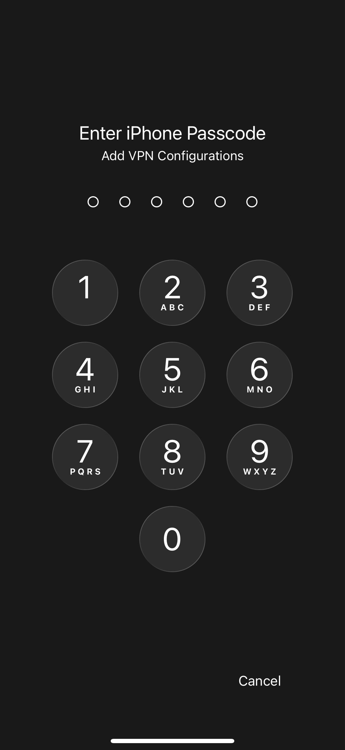 iPhone passcode screen requesting permission to add VPN configurations.