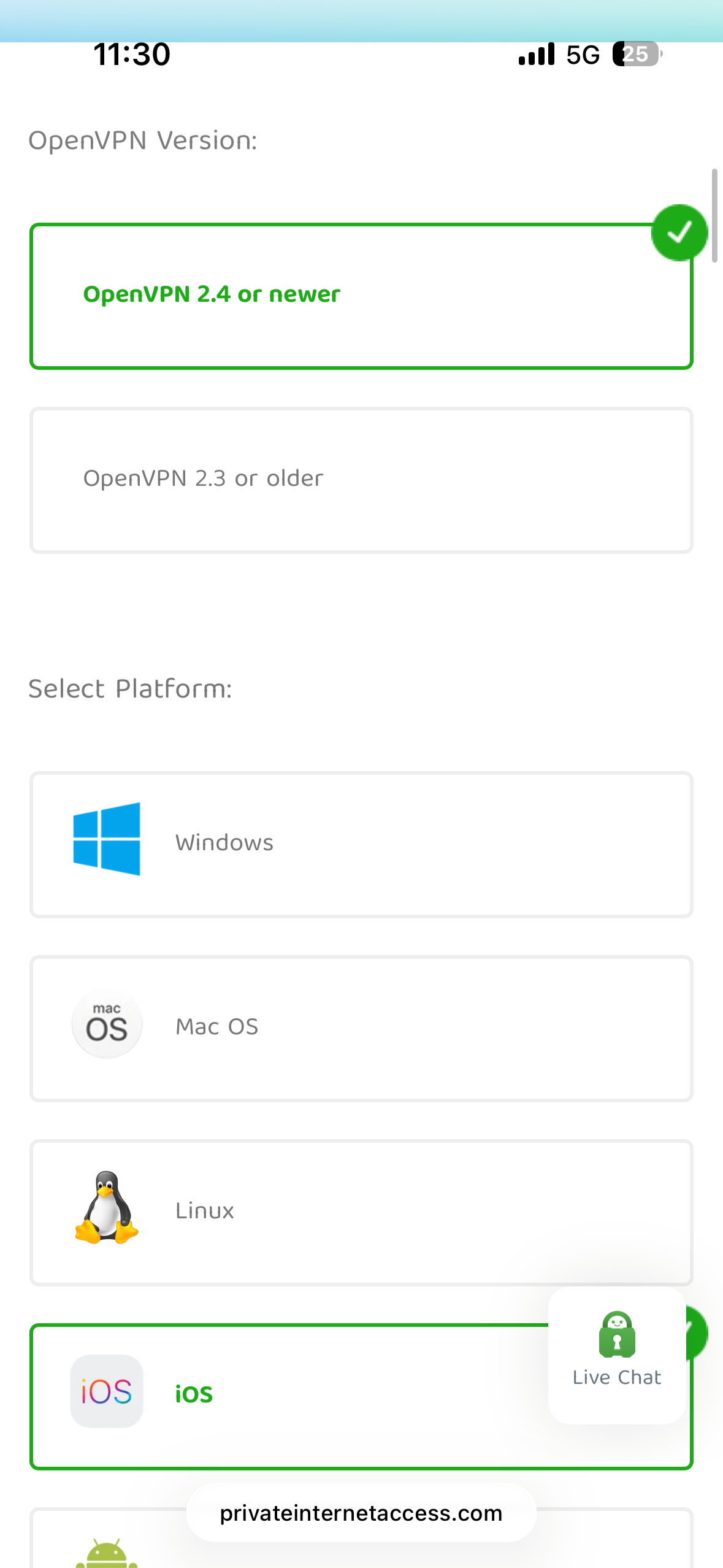 The PIA OpenVPN Configuration Generator page, showing the OpenVPN version and platform options.