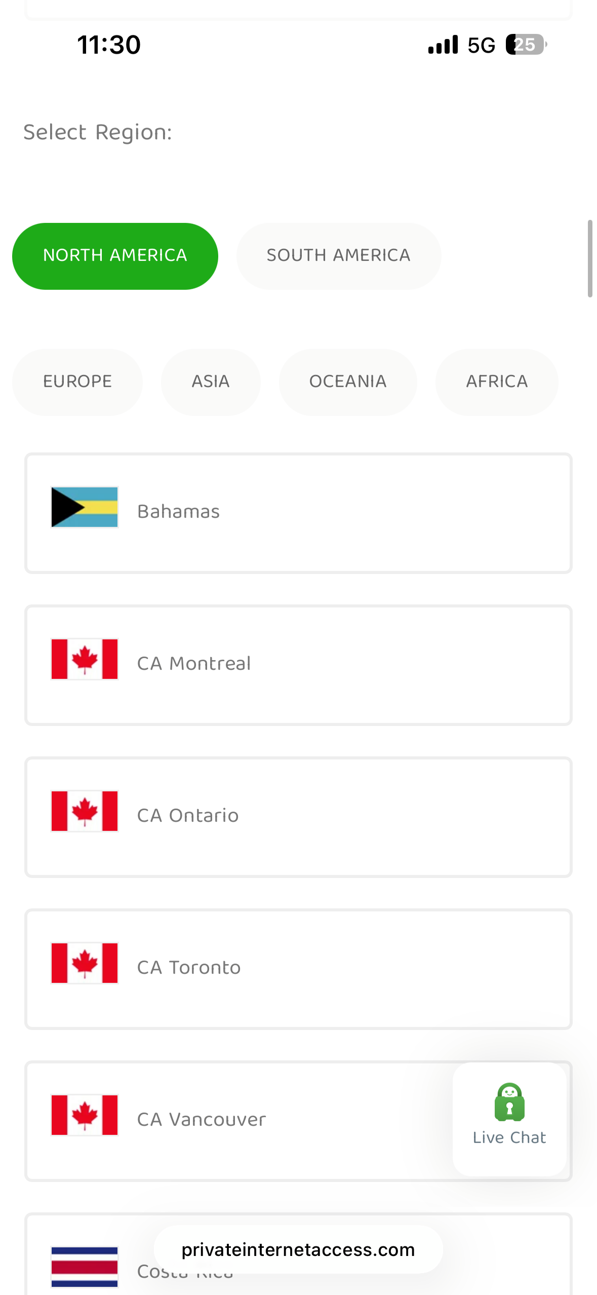 Some of the location options available on PIA's OpenVPN Configuration Generator page.