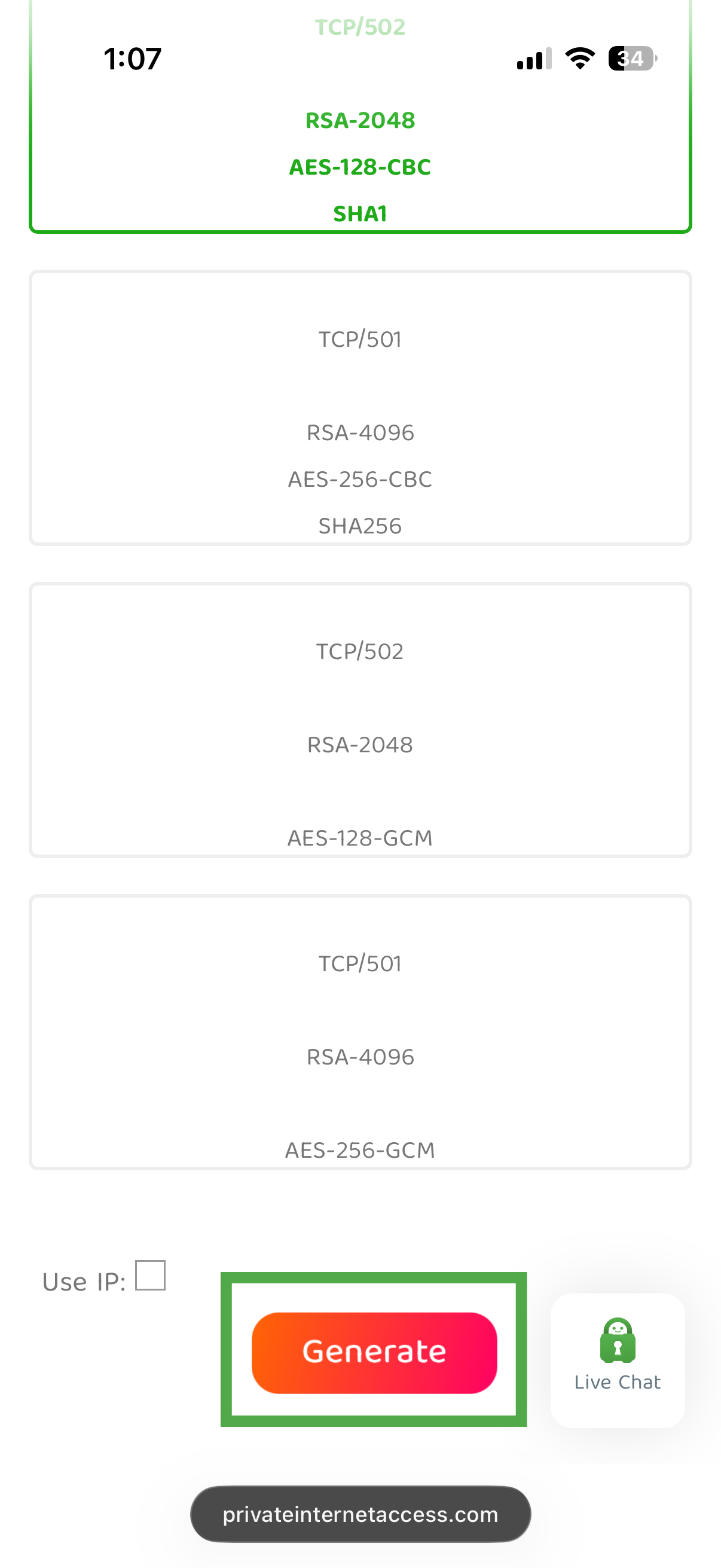 PIA OpenVPN configuration generator with Generate button highlighted.