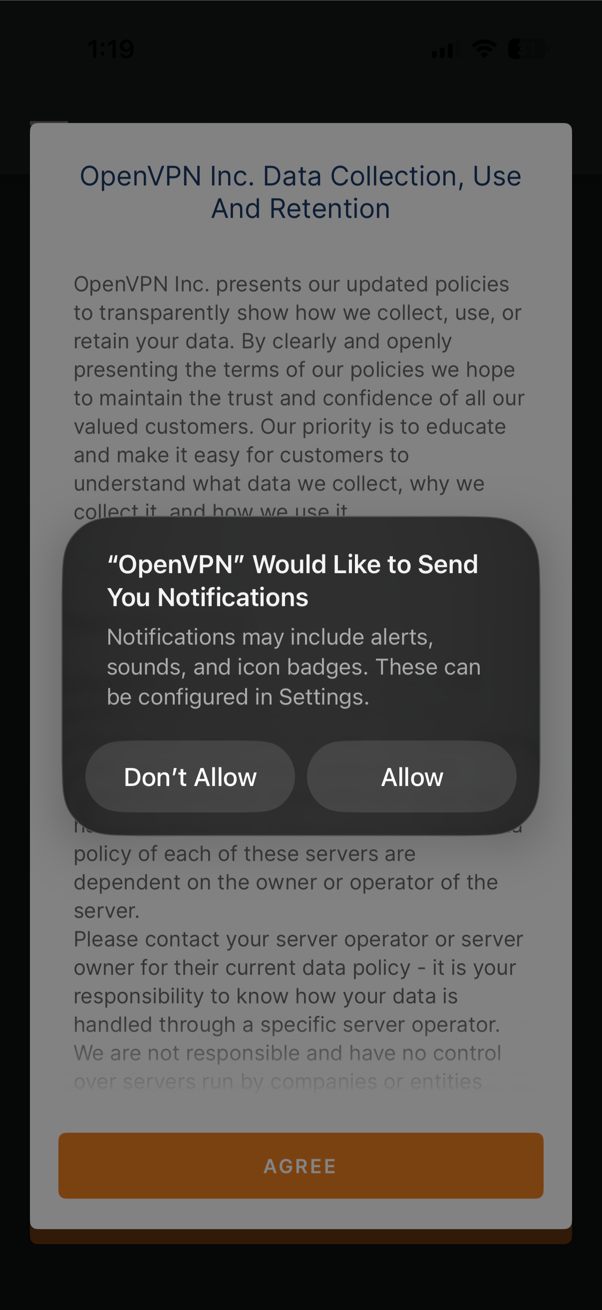 iOS prompt asking whether to allow OpenVPN notifications.