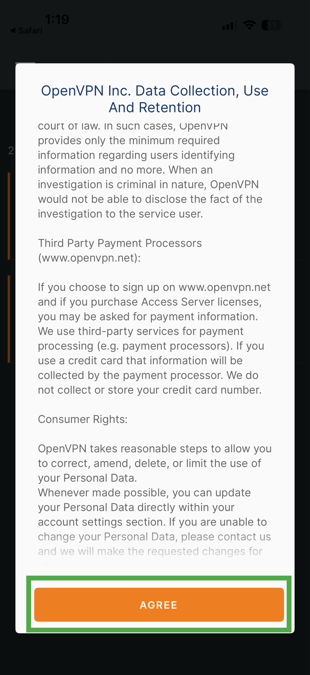OpenVPN data policy screen with Agree button highlighted.