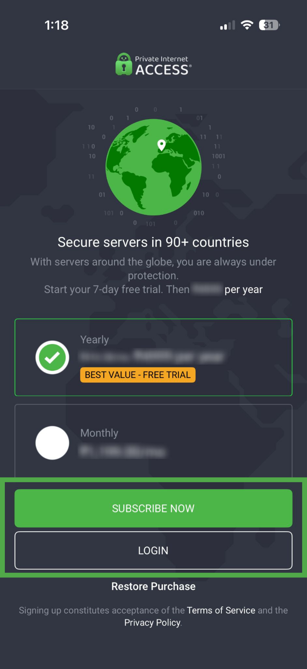 PIA iOS subscription screen showing yearly and monthly plans.