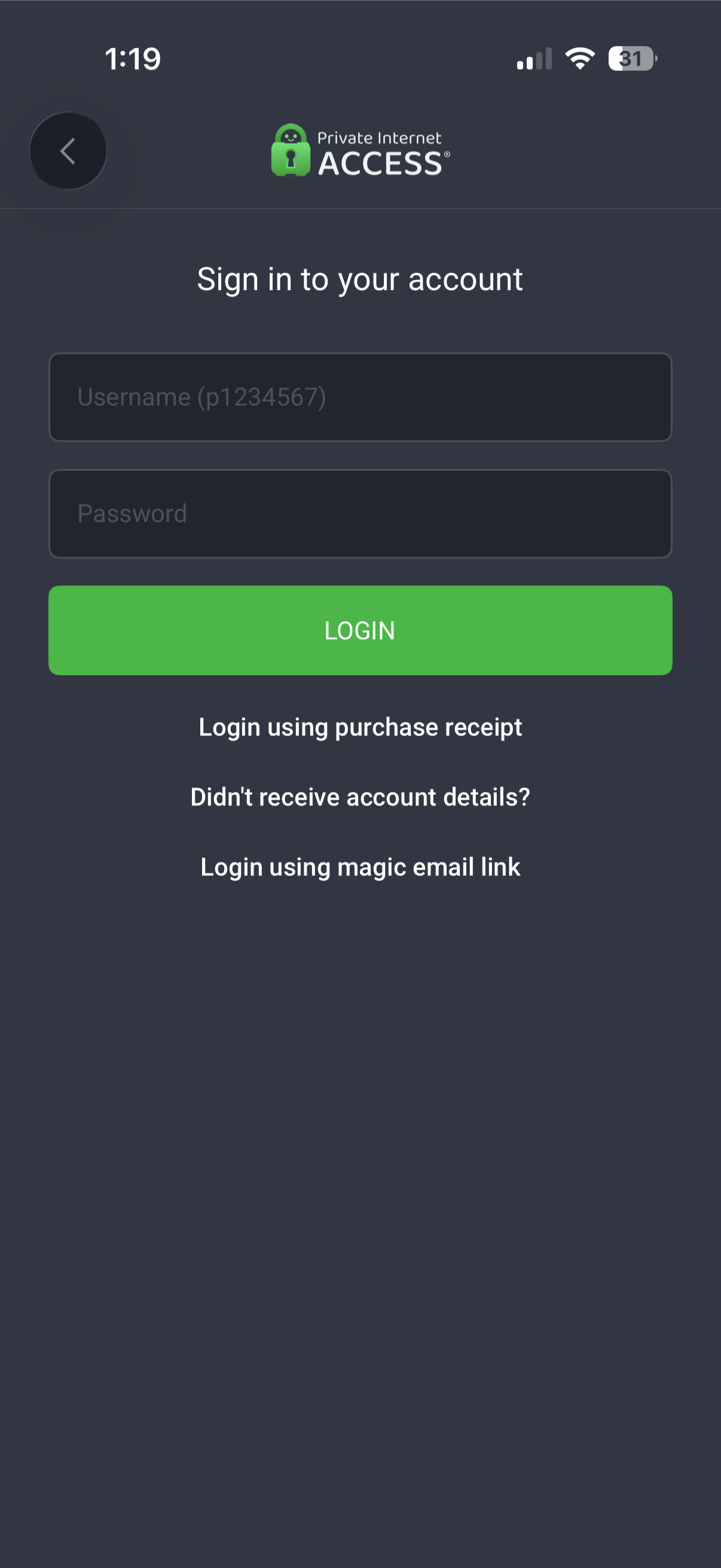 PIA iOS app sign-in screen with username and password fields.