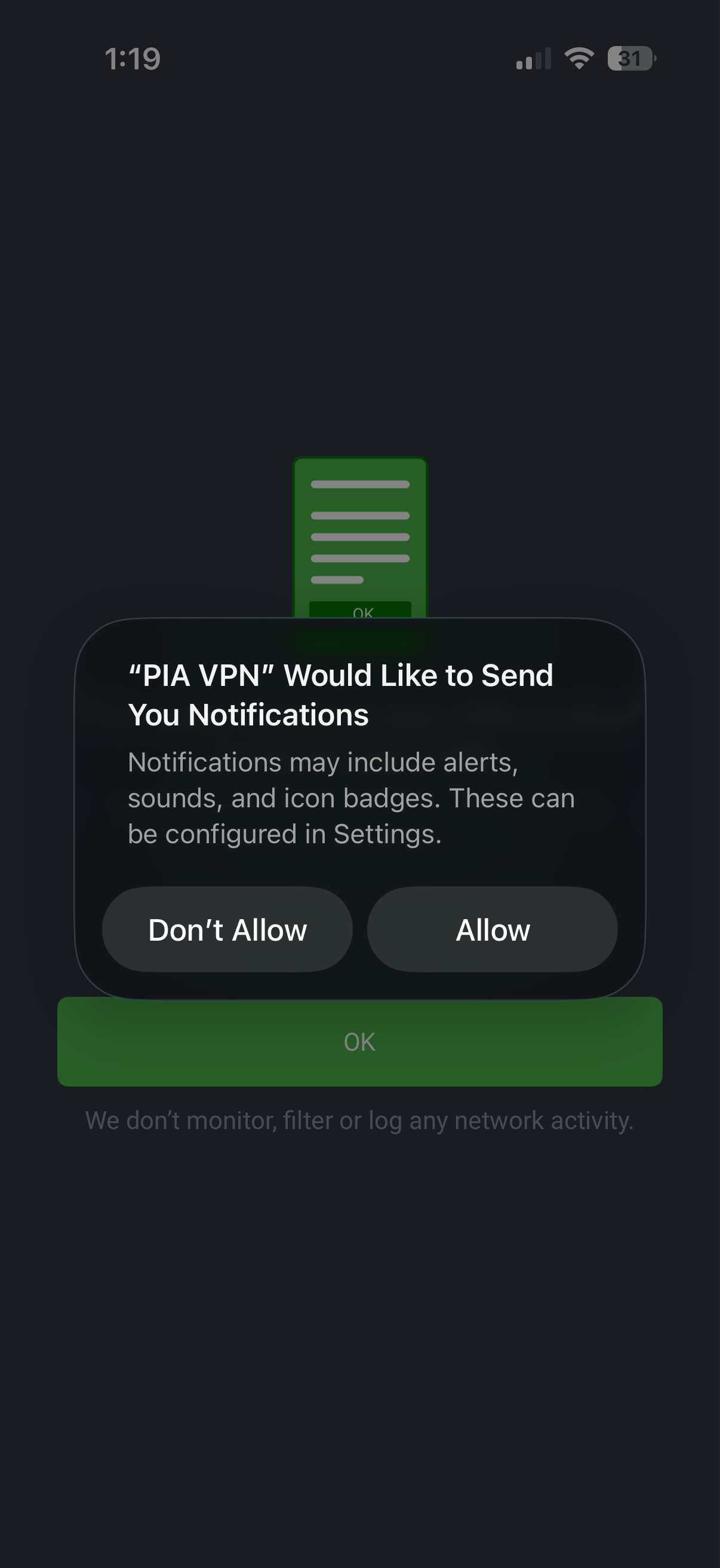 iOS prompt asking whether to allow PIA notifications.