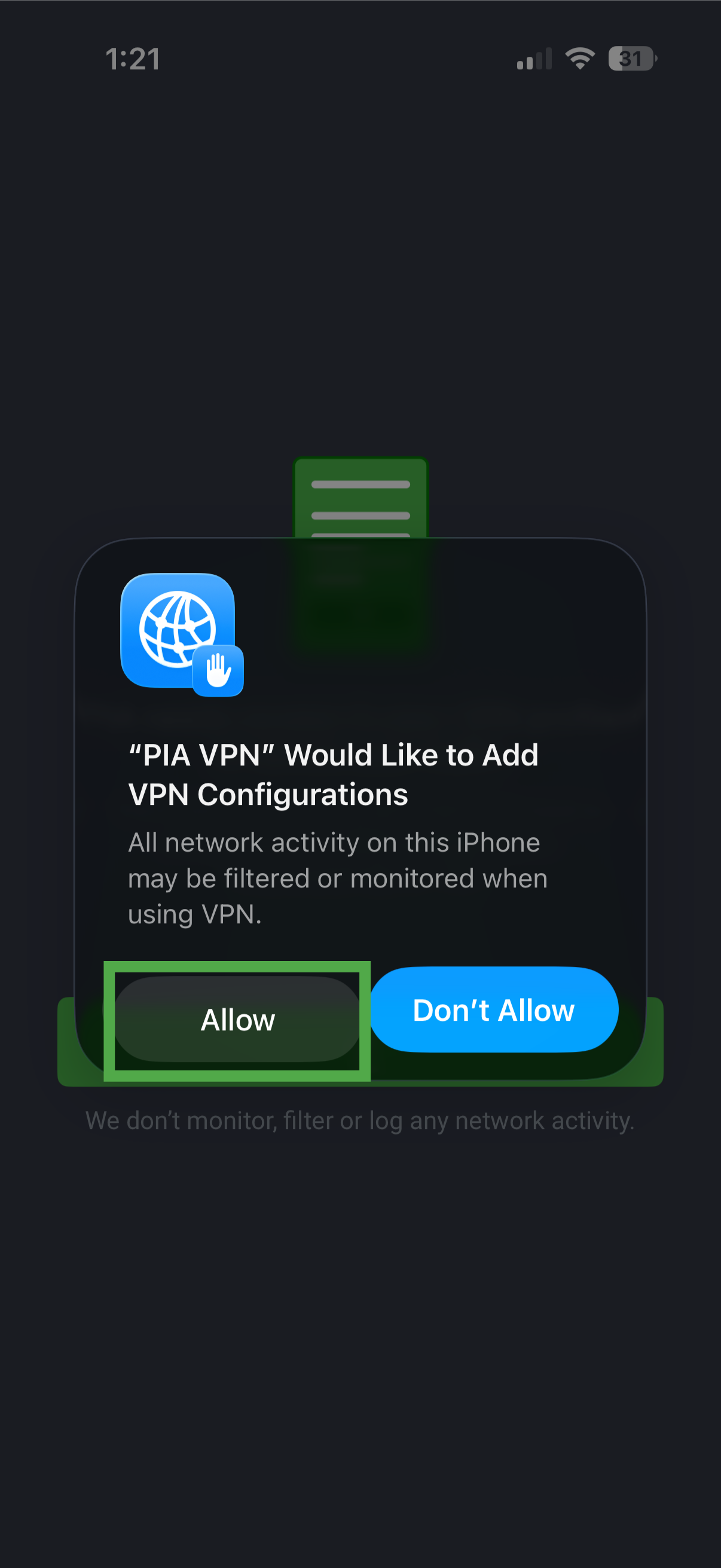 iOS prompt asking to allow PIA VPN configurations.