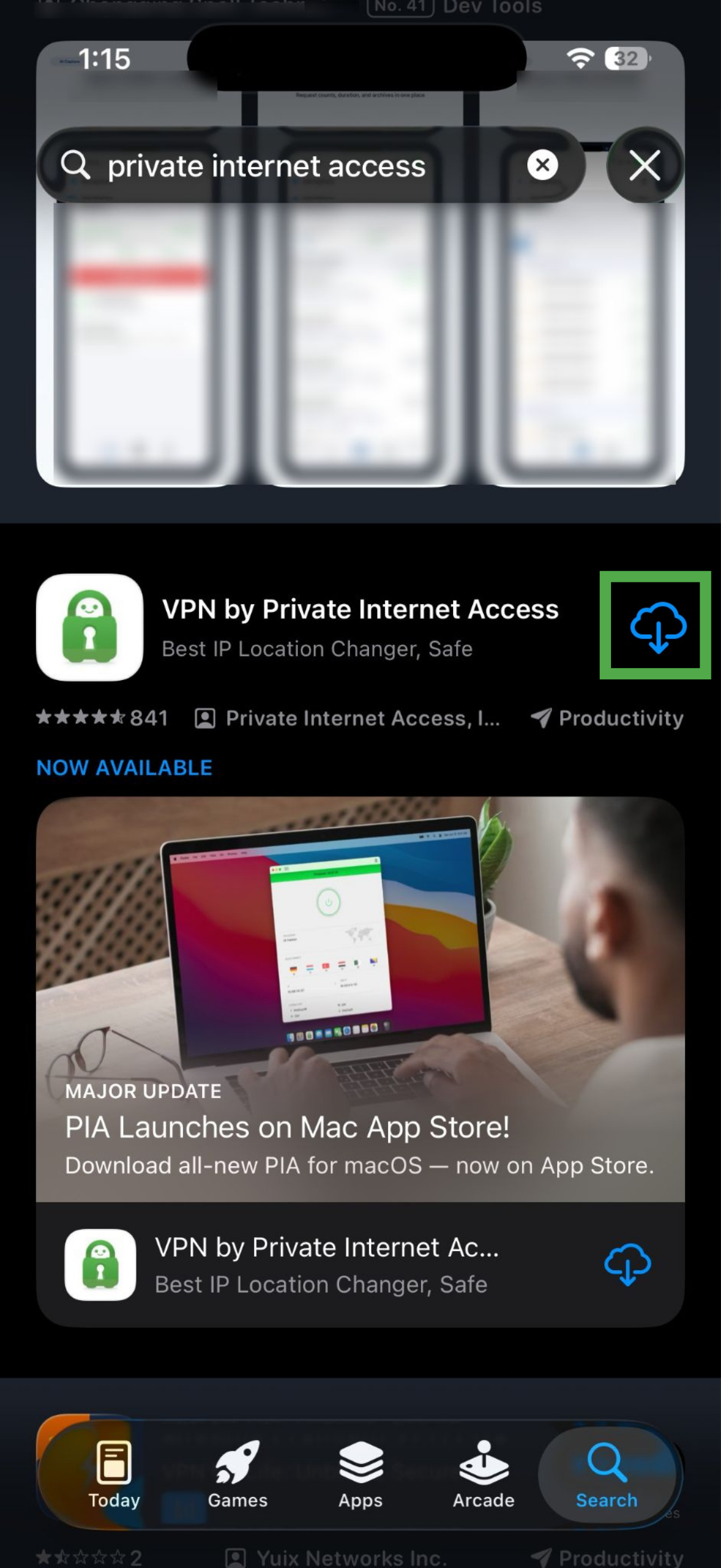App Store search results showing the PIA VPN app.