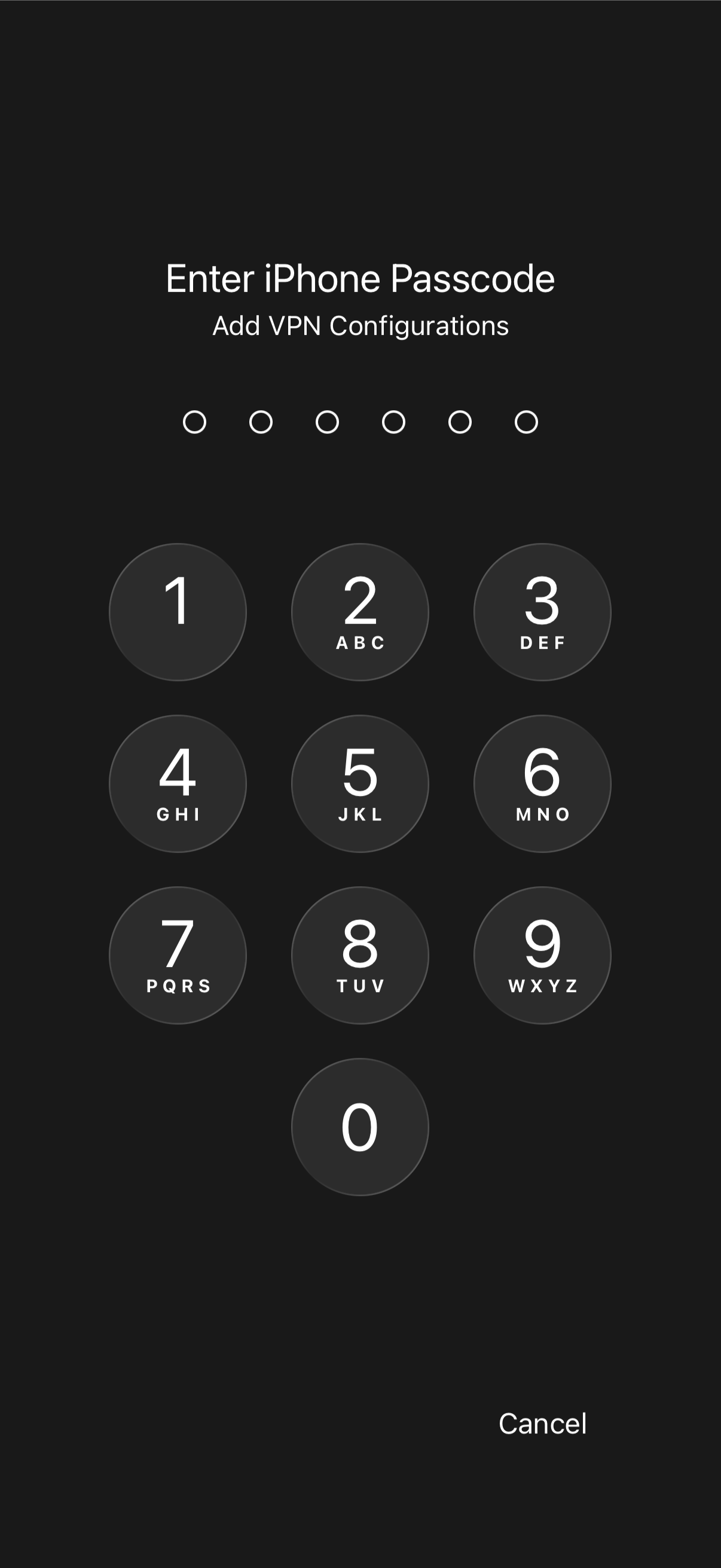 iPhone passcode screen requesting permission to add VPN configurations.