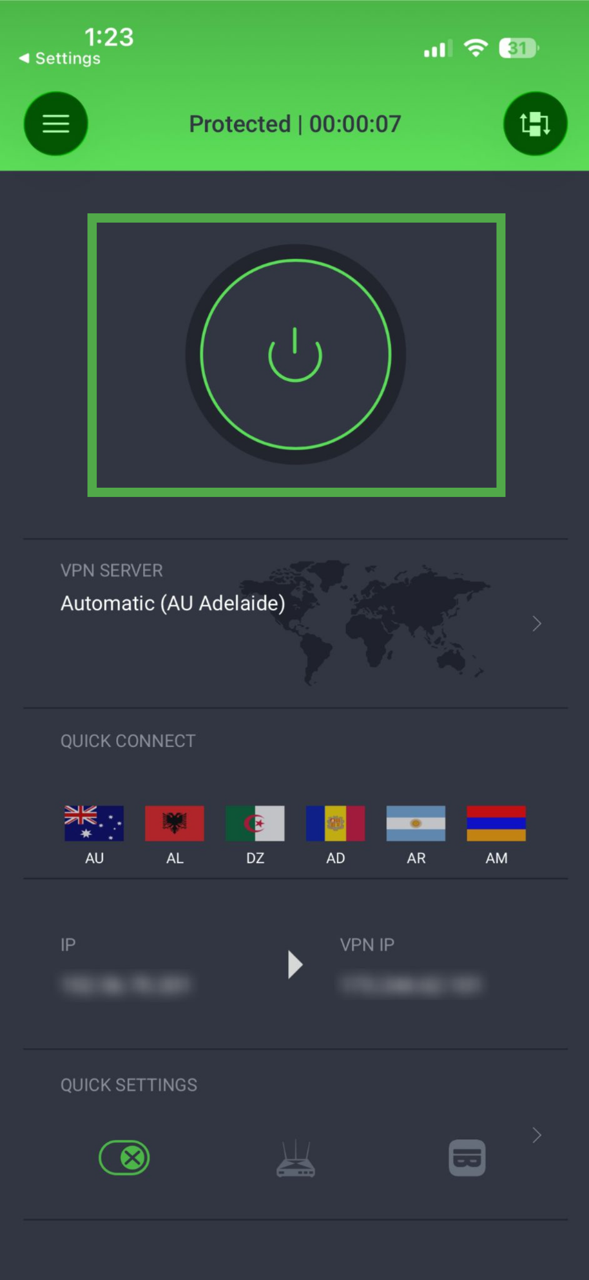 PIA iOS app home screen showing an active VPN connection.