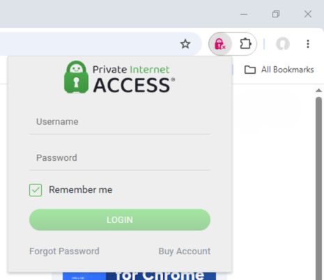 Login screen for the Private Internet Access Chrome extension.