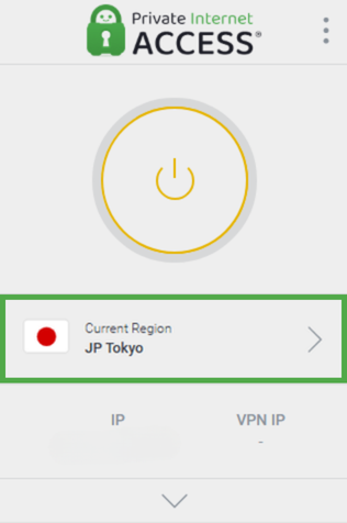 Private Internet Access Chrome extension main interface with Current Region highlighted.