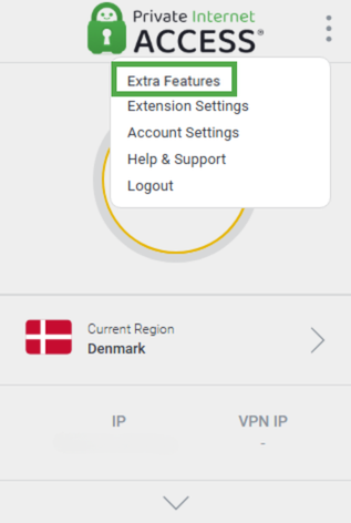 Private Internet Access Chrome extension three vertical dots menu with Extra Features highlighted.