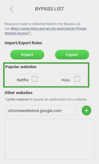 Private Internet Access Chrome extension Bypass List feature menu with the "Popular websites" section highlighted.