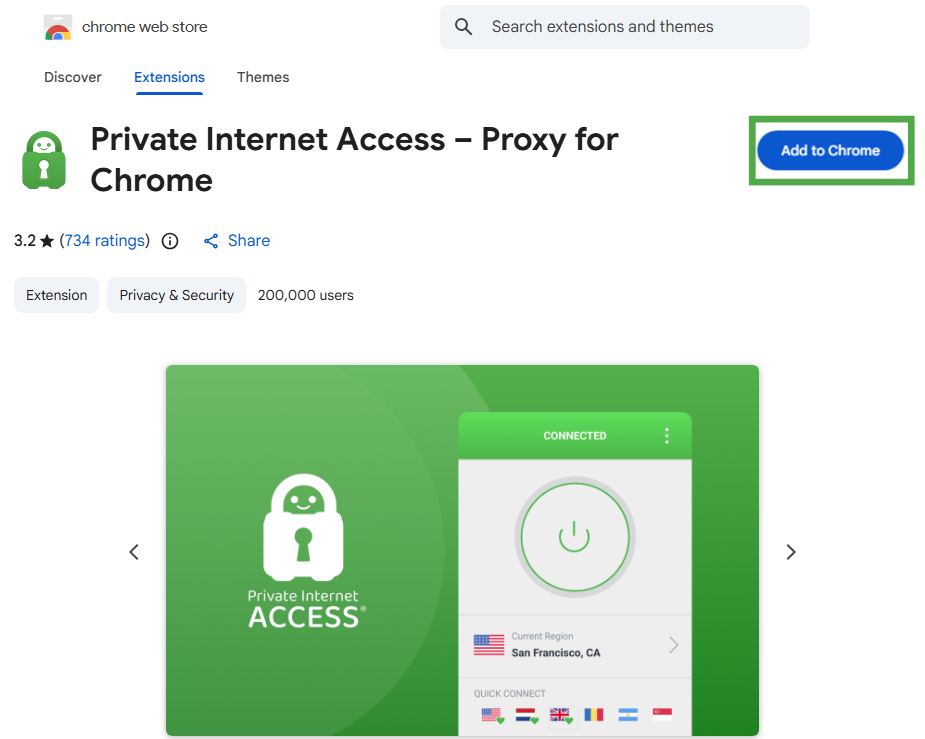 Private Internet Access page with the Chrome Web Store with the Add to Chrome button highlighted.