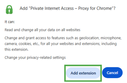 Pop-up box for adding the Private Internet Access extension to Chrome with "Add extension" highlighted.