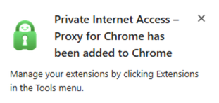 Notification that the Private Internet Access Chrome extension has been successfully installed.