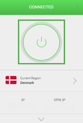 Private Internet Access Chrome extension main interface with the power button highlighted.