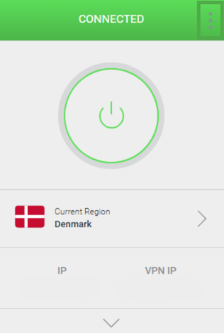 Private Internet Access Chrome extension main interface with the three vertical dots highlighted.