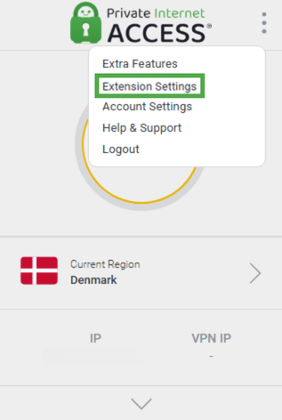 Private Internet Access Chrome extension three vertical dots menu with Extension Settings highlighted.