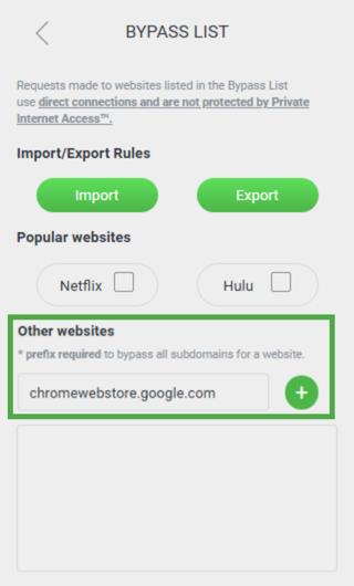 Private Internet Access Chrome extension Bypass List feature menu with the "Other websites" section highlighted.