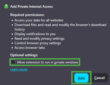Pop-up box for adding the Private Internet Access extension to Firefox with "Allow extension to run in private windows" and the Add button highlighted.