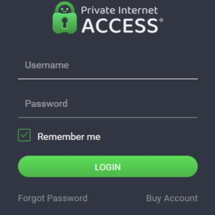 Login screen for the Private Internet Access Firefox extension.
