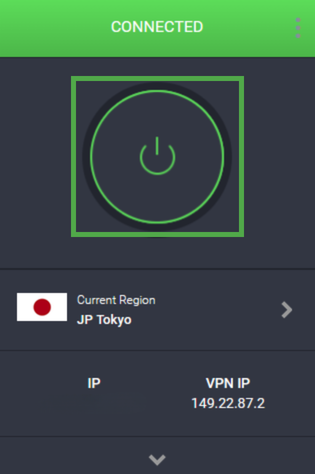 Private Internet Access Firefox extension main interface with the power button highlighted.