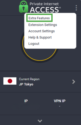 Private Internet Access Firefox extension three vertical dots menu with Extra Features highlighted.