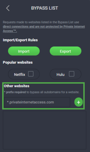 Private Internet Access Firefox extension Bypass List feature menu with the "Other websites" section highlighted.