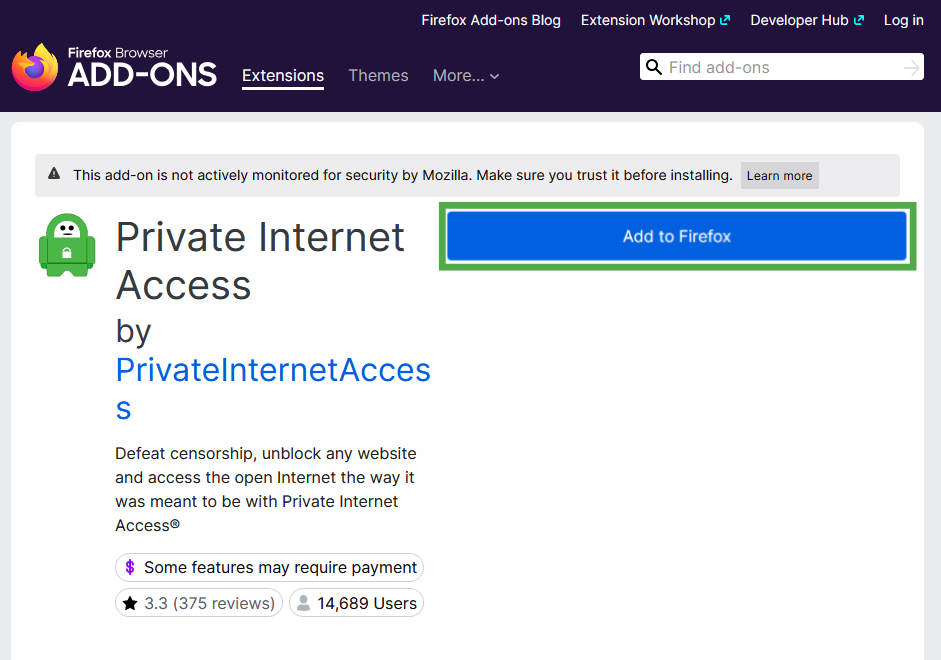 Private Internet Access Firefox add-on page with the Add to Firefox button highlighted.