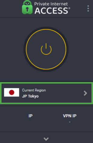 Private Internet Access Firefox extension main interface with Current Region highlighted.