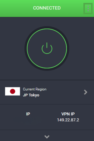 Private Internet Access Firefox extension main interface with the three vertical dots highlighted.