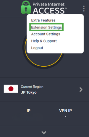 Private Internet Access Firefox extension three vertical dots menu with Extension Settings highlighted.