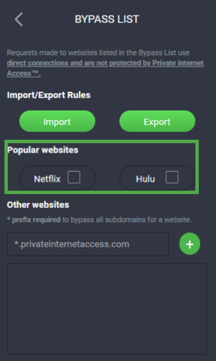 Private Internet Access Firefox extension Bypass List feature menu with the "Popular websites" section highlighted.