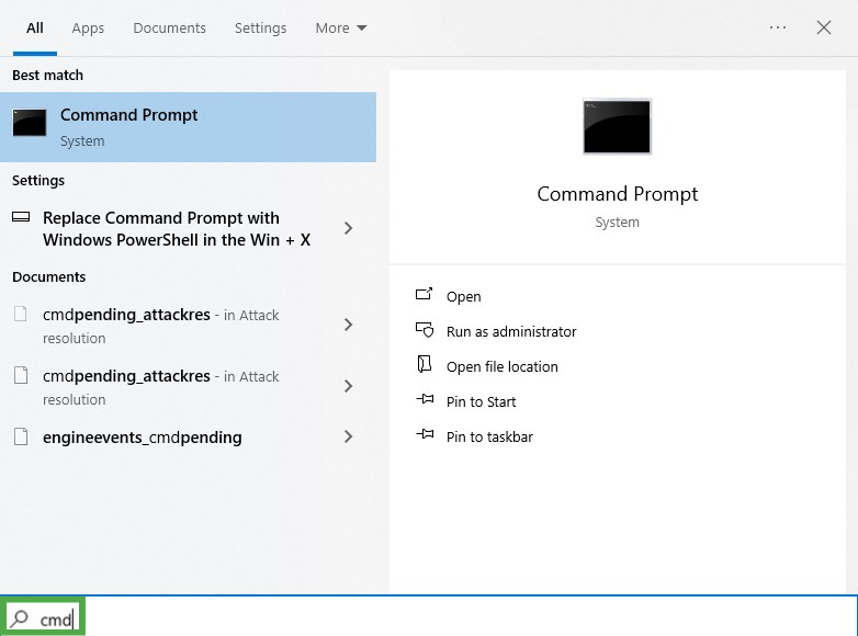 Windows 10 Start menu showing the search field with "cmd" entered and highlighted.