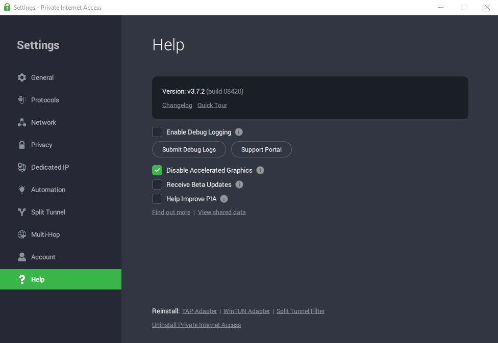 Private Internet Access Settings menu Help tab with Disable Accelerated Graphics checked.