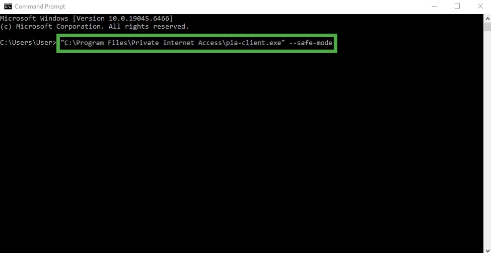 Windows Command Prompt window highlighting a command to launch Private Internet Access in safe mode.