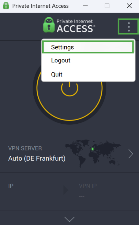 The main PIA screen in the app for desktop, with a highlighted three-dot button and a "Settings" option.