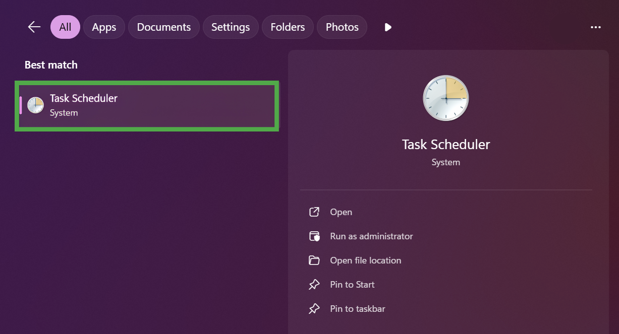 Windows search bar results showing "Task Scheduler" highlighted in a green box as the best match.