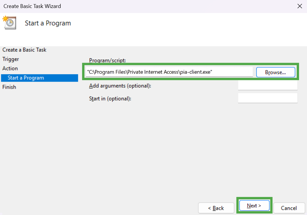 The "Start a Program" screen with the file path to the PIA client entered in the Program/script field and the "Next" button highlighted in a green box.