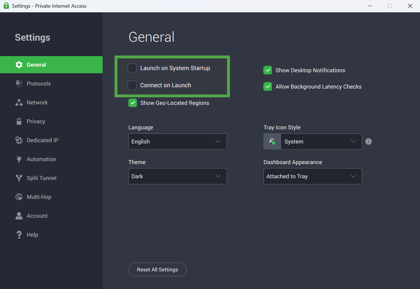 Private Internet Access general settings page.